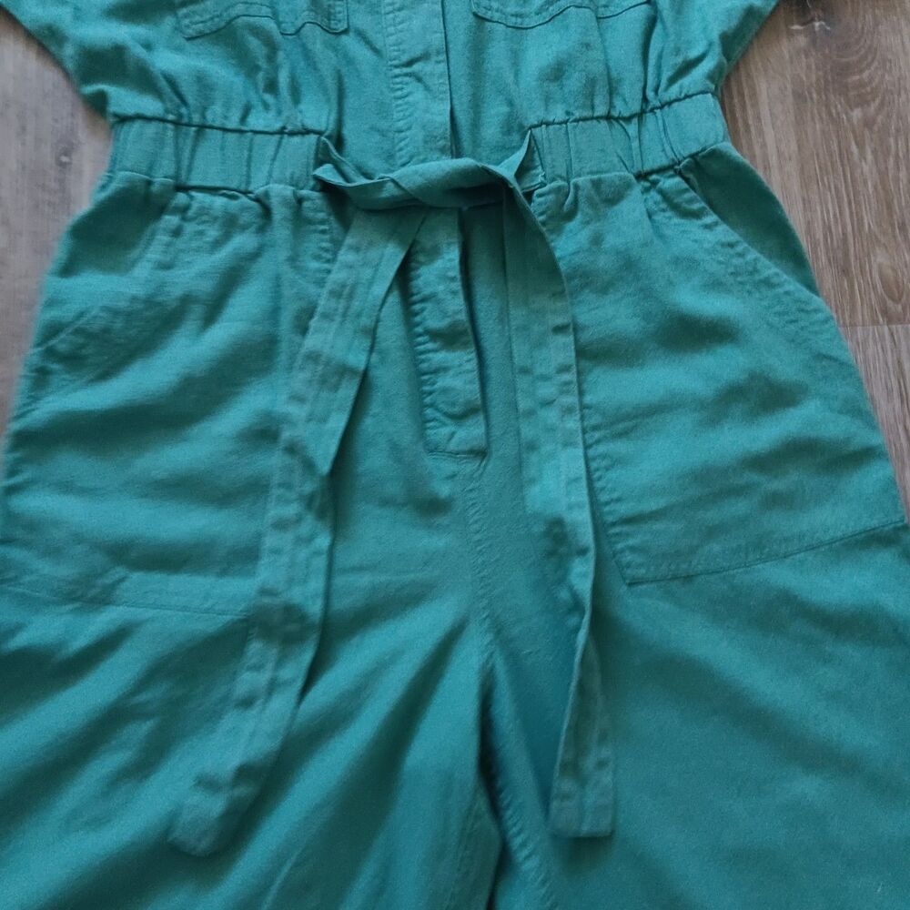 Sage Green Jumpsuit Womens 8 Linen Blend Button Tie Front Pockets Beachy Coastal - Picture 4 of 13